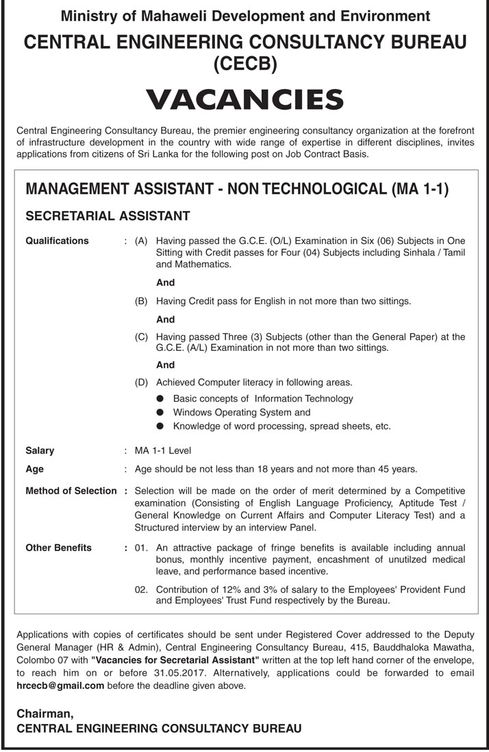 Management Assistant - Central Engineering Consultancy Bureau 